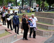 Gen. Edward A. Rice Jr., Air Education and Training Command commander, and his wife, Teresa, along with other military officials, walk in a procession during the Vietnam Veterans Memorial wreath laying ceremony in San Antonio, Texas April 29. (U.S. Air Force Photo by Don Lindsey) 