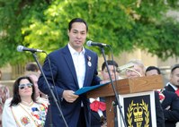 Julian Castro, San Antonio mayor, reads a proclamation at the El Rey Feo Coronation April 20. (U.S. Air Force photo by Don Lindsey)