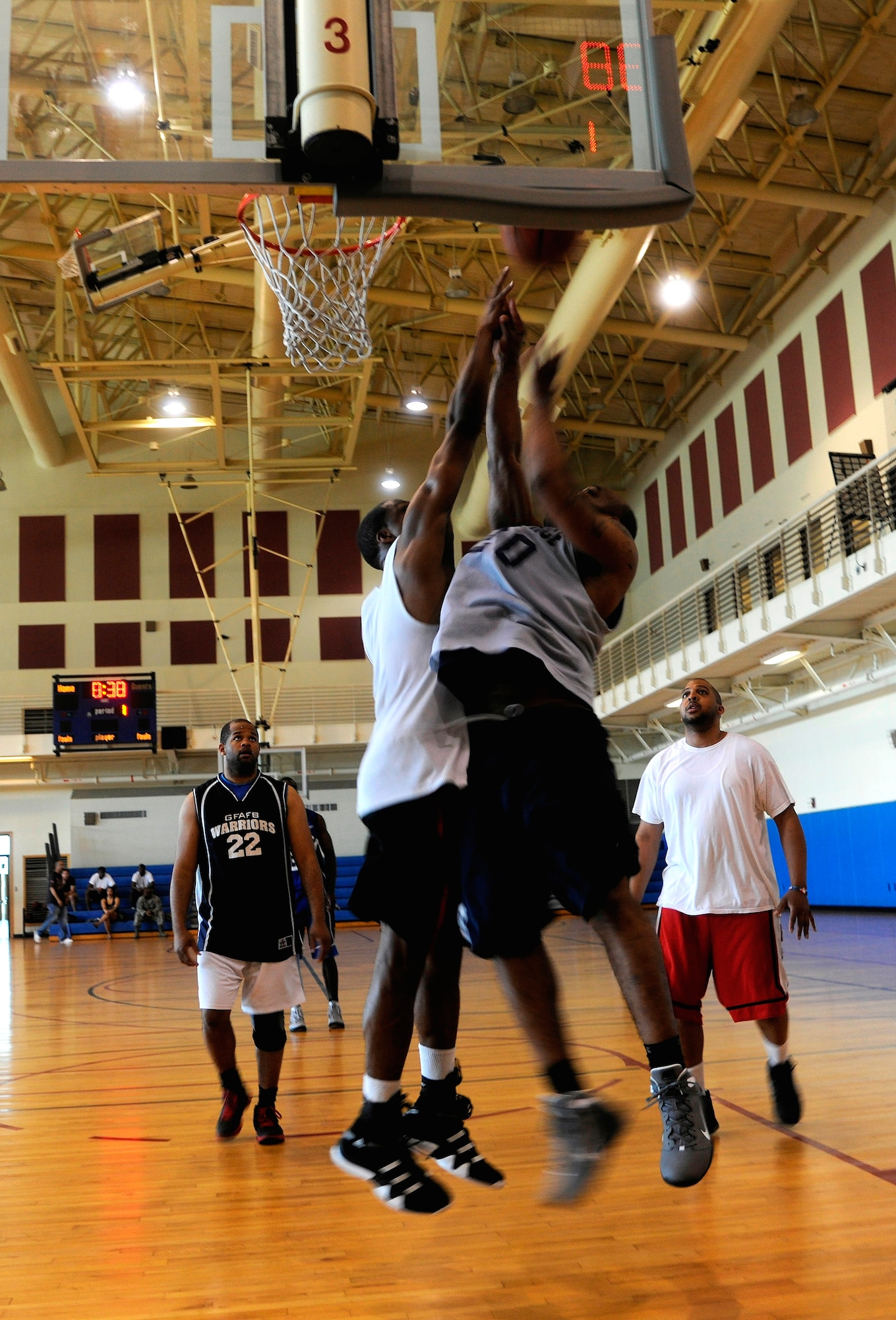 Wolf Pack Airmen  participate in a 3- on-3 basketball tournament at Kunsan Air Base, Republic of Korea, May 4, 2012. Members of the 8th Fighter Wing kicked off their Post-CUI Block Party. The day had various events including a basketball tournament, softball and ultimate frisbee. (U.S. Air Force photo/Staff Sgt. Rasheen A. Douglas)
