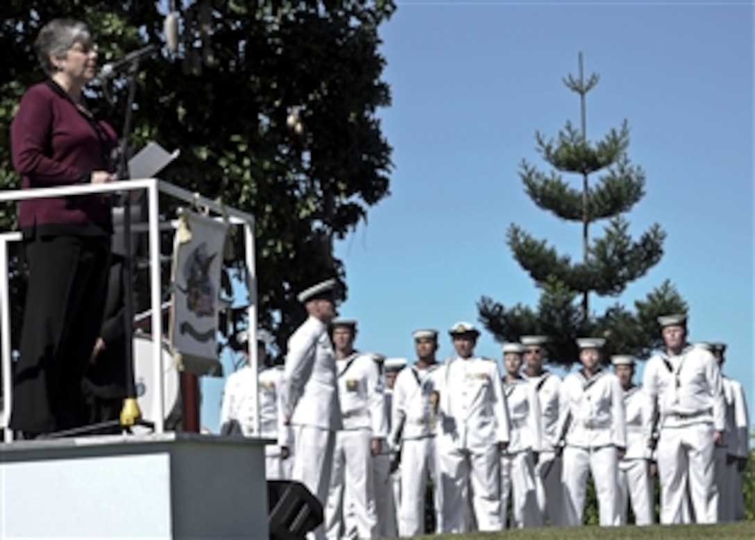 Homeland Security Secretary Janet Napolitano delivers remarks during a 70th anniversary ceremony honoring the men and women who served during the Battle of Coral Sea at Newstead Park in Brisbane, Australia, May 5, 2012. 