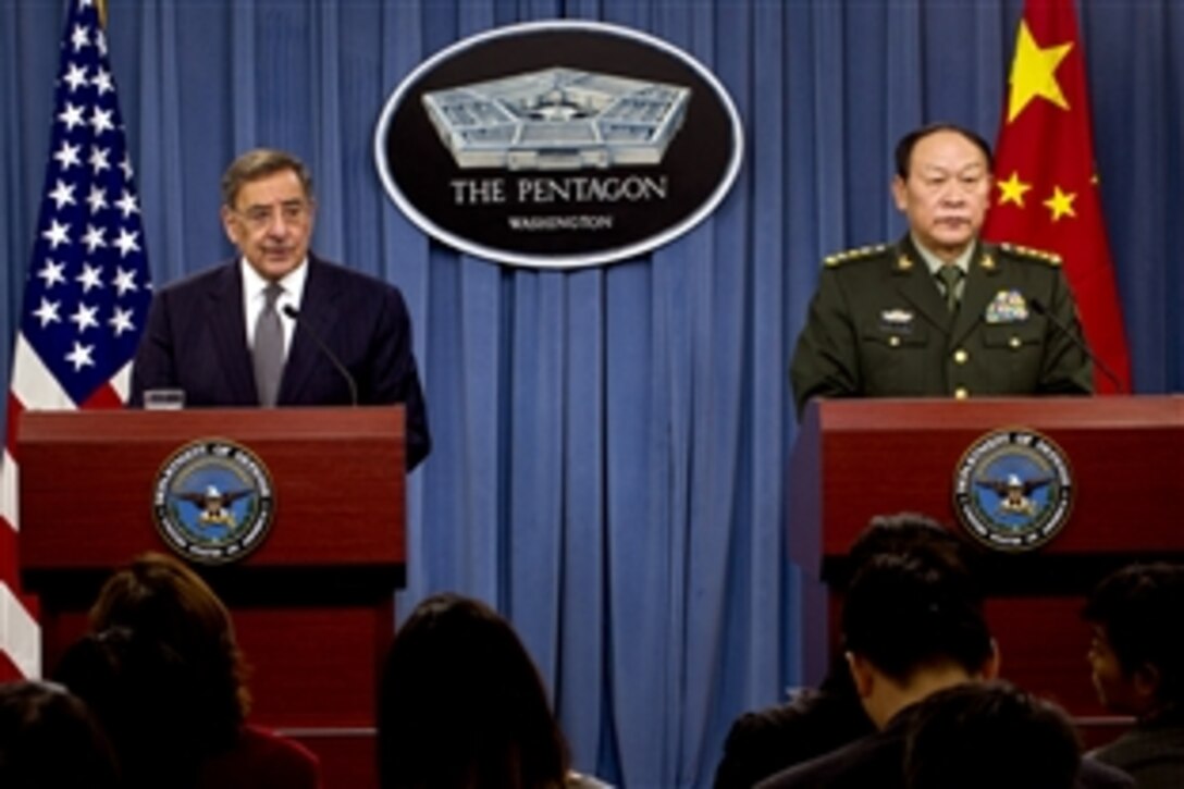 U.S. Defense Secretary Leon E. Panetta conducts a joint press briefing with Chinese Minister of National Defense Gen. Liang Guanglie at the Pentagon, May 7, 2012. Liang has been visiting U.S. military bases and meeting with U.S. military leaders to discuss U.S.-Chinese cooperation in areas of mutual interest. 