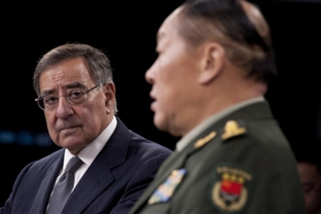 U.S. Defense Secretary Leon E. Panetta conducts a joint press briefing with Chinese Minister of National Defense Gen. Liang Guanglie at the Pentagon, May 7, 2012. 