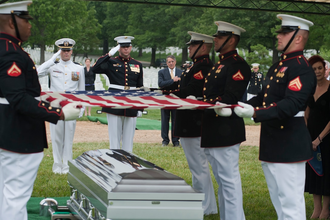 Gunnery Sgt. Christopher Albright, Marine Corps funeral director, and Lt. Johnathan Bush, U.S. Navy chaplain, salute as the American flag is folded over the casket of Master Sgt. Scott E. Pruitt, a financial resource management analyst, during the funeral at Arlington National Cemetary May 8. Pruitt died from an improvised explosive device attack during combat maneuvers in Afghanistan, April 28. He was the first Marine in his job specialty to die in combat in Corps history.
