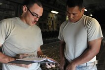 Staff Sgt. Dustin McComas, 15th Aircraft Maintenance Group crew chief, reviews a maintenance checklist with  Master Sgt. Alex Batulayan, 154th Aircraft Maintenance Squadron crew chief, May 8 at Joint Base Pearl Harbor-Hickam, Hawaii. The active duty 15th Wing and Hawaii Air National Guard's 154th Wing here recently signed a Memorandum of Understanding formally recognizing the operational control relationship between the two Wings in order to collectively execute their combined mission.   (U.S. Air Force photo by Staff Sgt. Nathan Allen)
