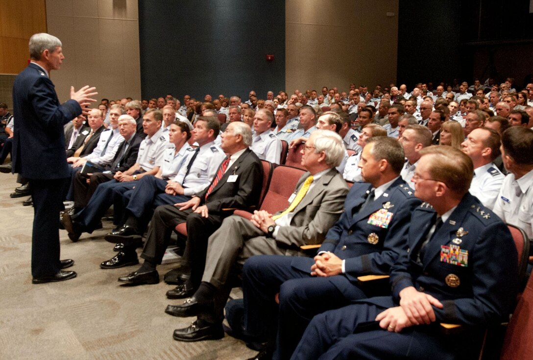 Air Force Chief of Staff Gen. Norton Schwartz speaks to attendees of the
National Security Forum at Maxwell Air Force Base, Ala., on March 7, 2012.
Forum participants included representatives from the business, government,
education and finance fields, as well as members of the Air War College
Class of 2012. (U.S. Air Force photo/Melanie Rodgers Cox)
