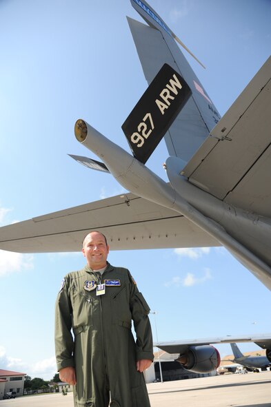 Master Sgt. Thomas Black, a reservist with 63rd Air Refueling Squadron, stands near the boom of a KC-135 Stratotanker at MacDill Air Force Base, Fla., May 6, 2012.  Sergeant Black is a boom operator on the KC-135 Stratotanker, but his aviation knowledge extends far beyond that.  He is also a former Air Force maintainer, a civilian pilot and the owner of a business that offers various services from pilot and maintenance instruction to airplane repair.  He said flying has always been a passion of his, one that the Air Force and its educational benefits have helped him pursue.  