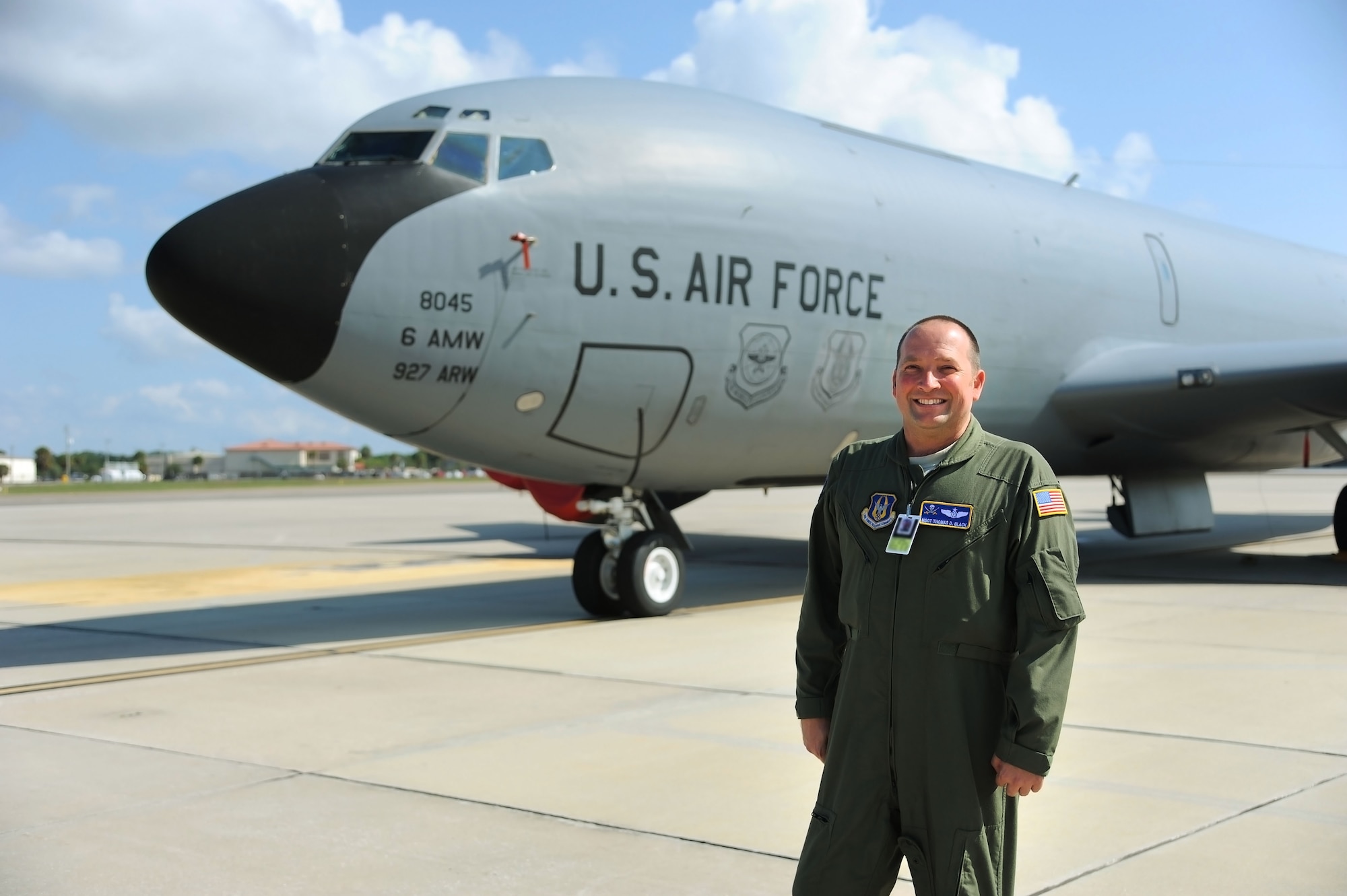 Master Sgt. Thomas Black, a reservist with 63rd Air Refueling Squadron, stands before a KC-135 Stratotanker at MacDill Air Force Base, Fla., May 6, 2012.  Sergeant Black is a boom operator on the KC-135 Stratotanker, but his aviation knowledge extends far beyond that.  He is also a former Air Force maintainer, a civilian pilot and the owner of a business that offers various services from pilot and maintenance instruction to airplane repair.  He said flying has always been a passion of his, one that the Air Force and its educational benefits have helped him pursue. 