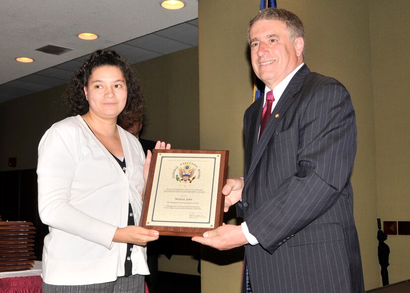 Mrs. Melissa John, Buffalo Military Entrance Processing Station at the Niagara Falls Air Reserve Station receives the Buffalo Federal Executive Board’s Distinguished Government Services Award, May 8, 2012, Buffalo, NY. The Buffalo Federal Executive Board handed out its annual Federal Employees of the Year awards at the Buffalo convention center. (U.S. Air force photo by Tech. Sgt. Joseph McKee)