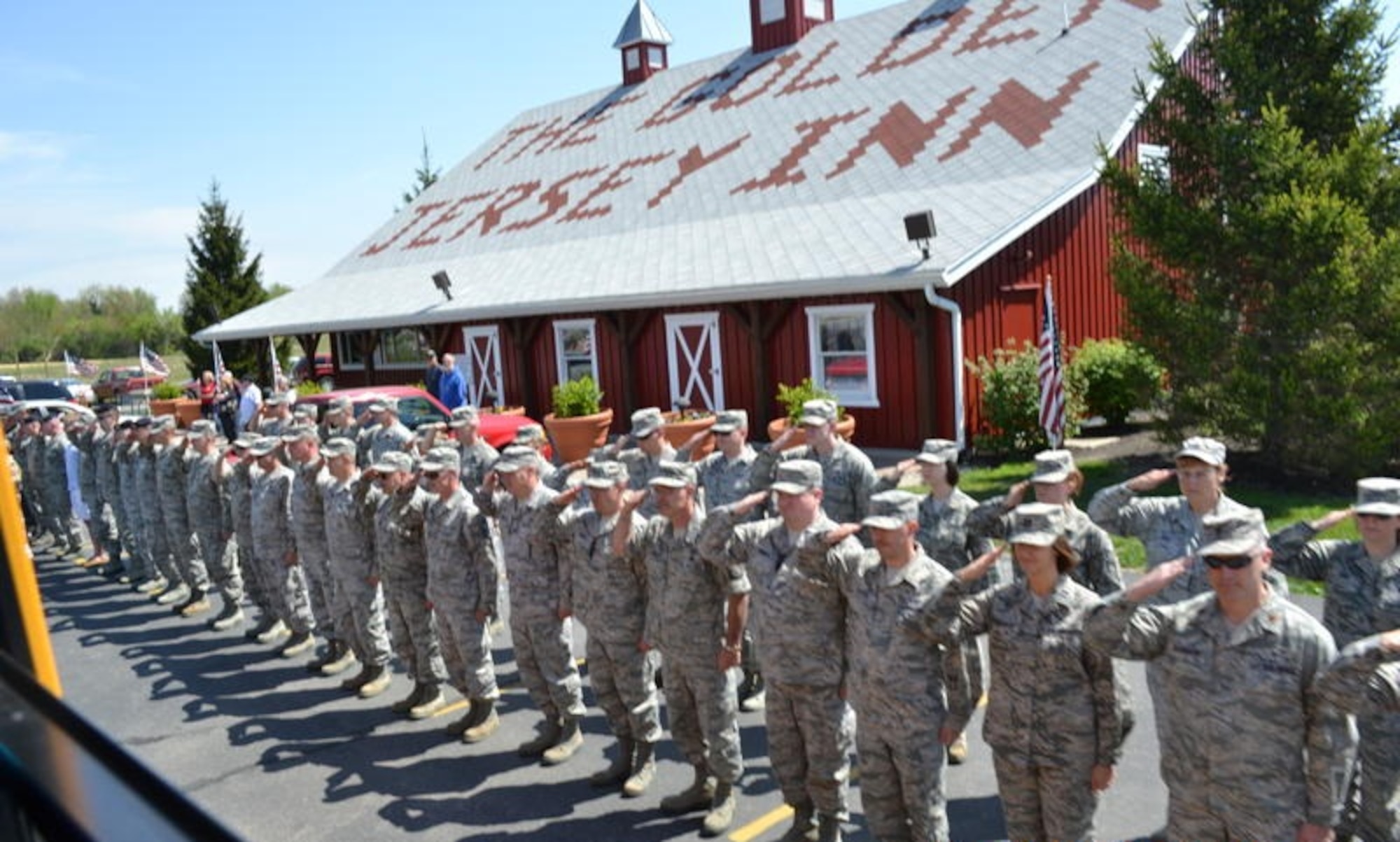 Members of the 178th Fighter Wing honored more than 40 World War II veterans for their military service April 19 at Young’s Jersey Dairy in Springfield, Ohio. Wing members in formation greeted the veterans as they arrived with a Patriot Guard escort.