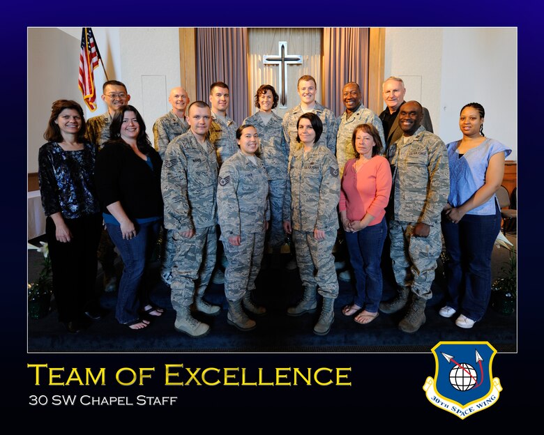VANDENBERG AIR FORCE BASE, Calif. -- The Vandenberg Chapel Team is recognized for earning the 2011 Air Force Space Command Large Chapel Team award. The chapel team works to improve the lives of Airmen and families. In 2011 Team V chaplains and chaplain assistants led 4,100 counseling sessions and 6,400 hours connecting with units around base. The team also led 408 worship services serving 18,500 worshippers, an increase of 12 percent from the previous year. The chapel also saw an increase in religious education classes, up 32 percent. The team hosted multiple religious and community programs including a Fall Festival with 62 volunteers for 595 people and a Vacation Bible School where more than 250 children participated. They also distributed 2,000 pounds of donations valued at $31,000. Please join Col. Nina Armagno, 30th Space Wing commander, in congratulating this Team of Excellence, the 30th SW Chapel Team! (U.S. Air Force photo illustration/Staff Sgt. Andrew Satran) 

 