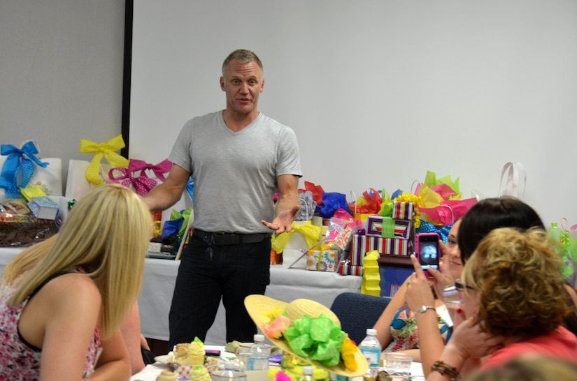Terry Serpico speaks with military spouses at the Joint Base Charleston - Air Base Airman and Family Readiness Center, May 5. Serpico is an actor on Lifetime Network's television series, "Army Wives" and for the last five seasons has played the role of Army Lt. Col. Frank Sherwood. The spouses were being honored as part of Military Spouse Appreciation Day which included massages, hair styling salon, tea and other events. The sixth season of "Army Wives" premiered May 1 on the Lifetime Network and the majority of the show is filmed in North Charleston, S.C. (U.S. Air Force Photo / Airman 1st Class Tom Brading)