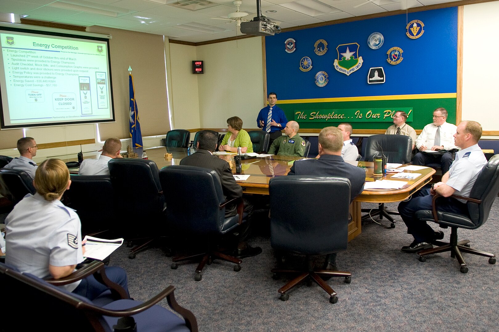 Col. Scott Peel, 902nd Mission Support Group commander, discusses current and projected energy conservation methods to reduce overall energy consumption May 7 at an energy conservation meeting at Joint Base San Antonio-Randolph, Texas. (U.S. Air Force photo by Benjamin Faske)