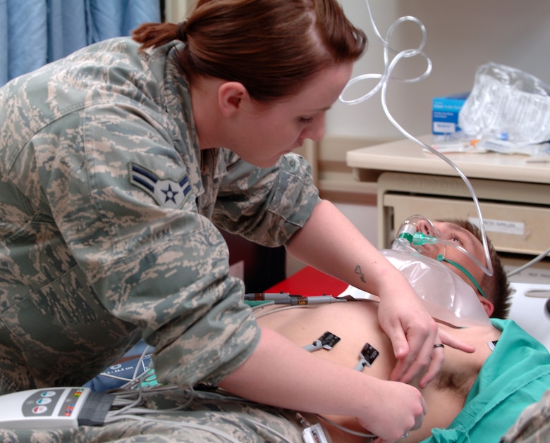 U.S. Air Force Airman 1st Class Lyndsi Skipper, 366th Medical Group technician, prepares a patient for further diagnosis during a training exercise at Mountain Home Air Force Base, Idaho, May 1, 2012. From treating minor coughs to life-threatening injuries, the Urgent Care Center crew is capable of handling various medical issues. (U.S. Air Force photo/Airman 1st Class Shane M. Phipps)