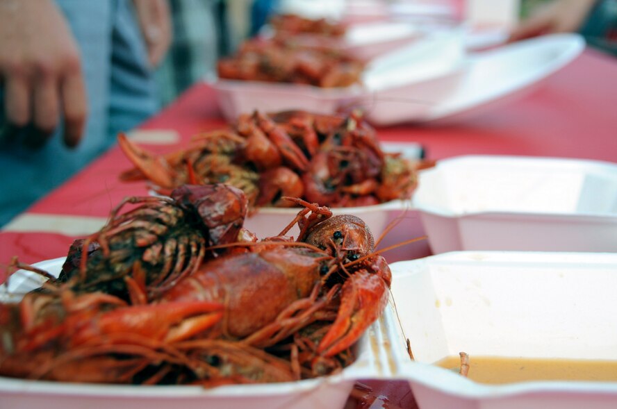 Contestants in a crawfish eating contest prepare to dig-in during the 2012 Crawfish Festival on Barksdale Air Force Base, La., May 4. Contestants were given one minute to eat as many 'mud bugs' as possible.  After the allotted time, the contestants' trays were weighed and the individual with the lightest tray won. (U.S. Air Force photo/Airman 1st Class Micaiah Anthony)(RELEASED)