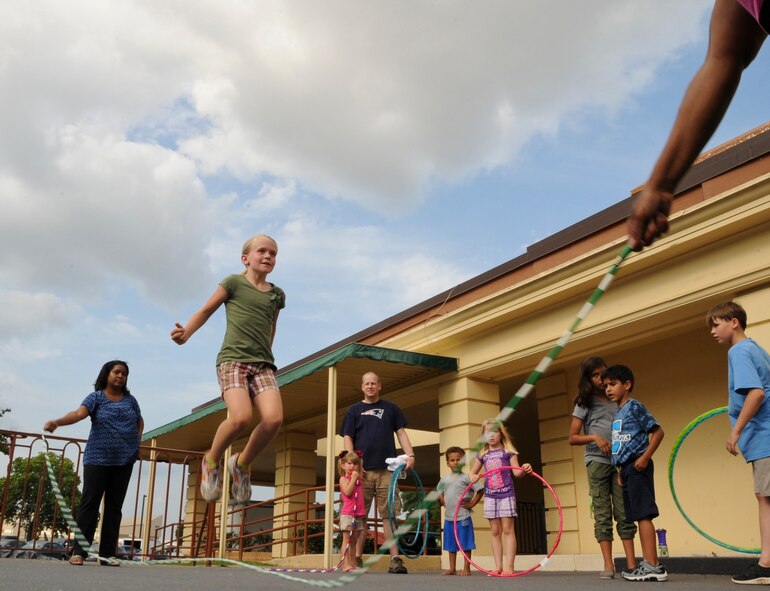 Natalea Rice, 10, jumps rope during a competition at the 2012 Crawfish Festival on Barksdale Air Force Base, La., May 4. Along with the jump rope competition, the Airmen and Family Readiness Center hosted several events for children to participate in for a chance to win prizes. (U.S. Air Force photo/Airman 1st Class Micaiah Anthony)(RELEASED)