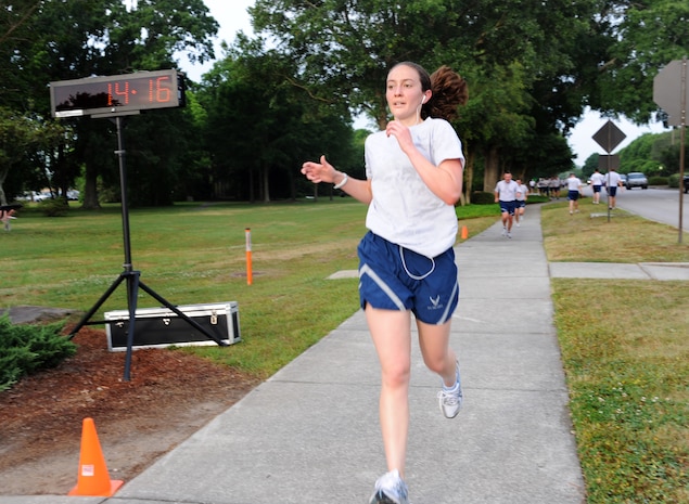 1st Lt. Marie Harnly was the fastest female runner with a time of 14:16 during the 1.96 mile Commander's Run at Joint Base Charleston - Air Base May 4. Harnly is from the 628th Civil Engineer Squadron. (U.S. Air Force photo/Airman 1st Class Ashlee Galloway)