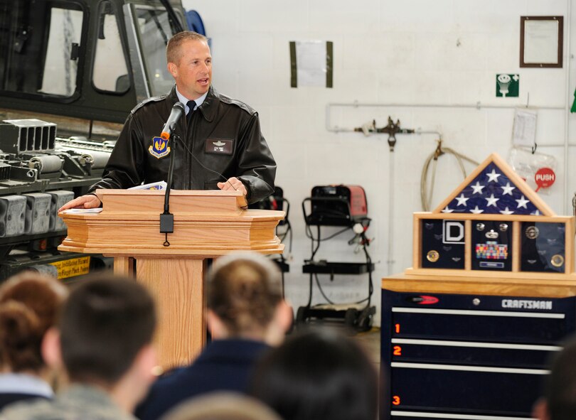 ROYAL AIR FORCE MILDENHALL, England – Col. Kyle Voigt, 100th Air Refueling Wing vice commander, gives his closing remarks during a memorial ceremony for Staff Sgt Thomas Perkins here May 7, 2012. The memorial was held to celebrate the life of Perkins and to give his friend and families the chance to express what he meant to them. (U.S. Air Force photo/Senior Airman Ethan Morgan)
