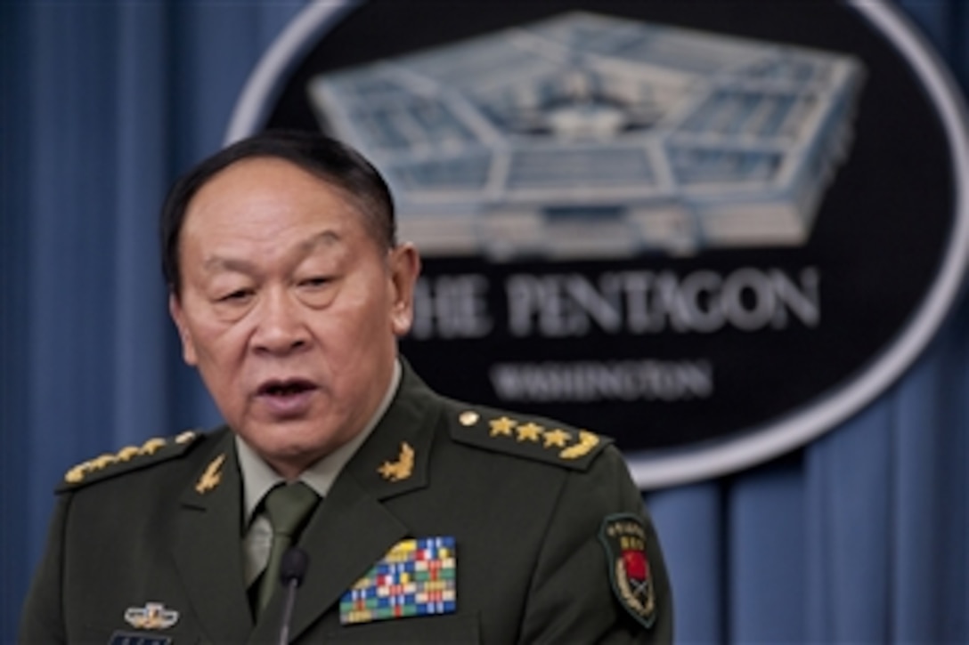 China’s Minister of National Defense, Gen. Liang Guanglie answers a question during a joint press conference with Secretary of Defense Leon E. Panetta in the Pentagon on May 7, 2012.  