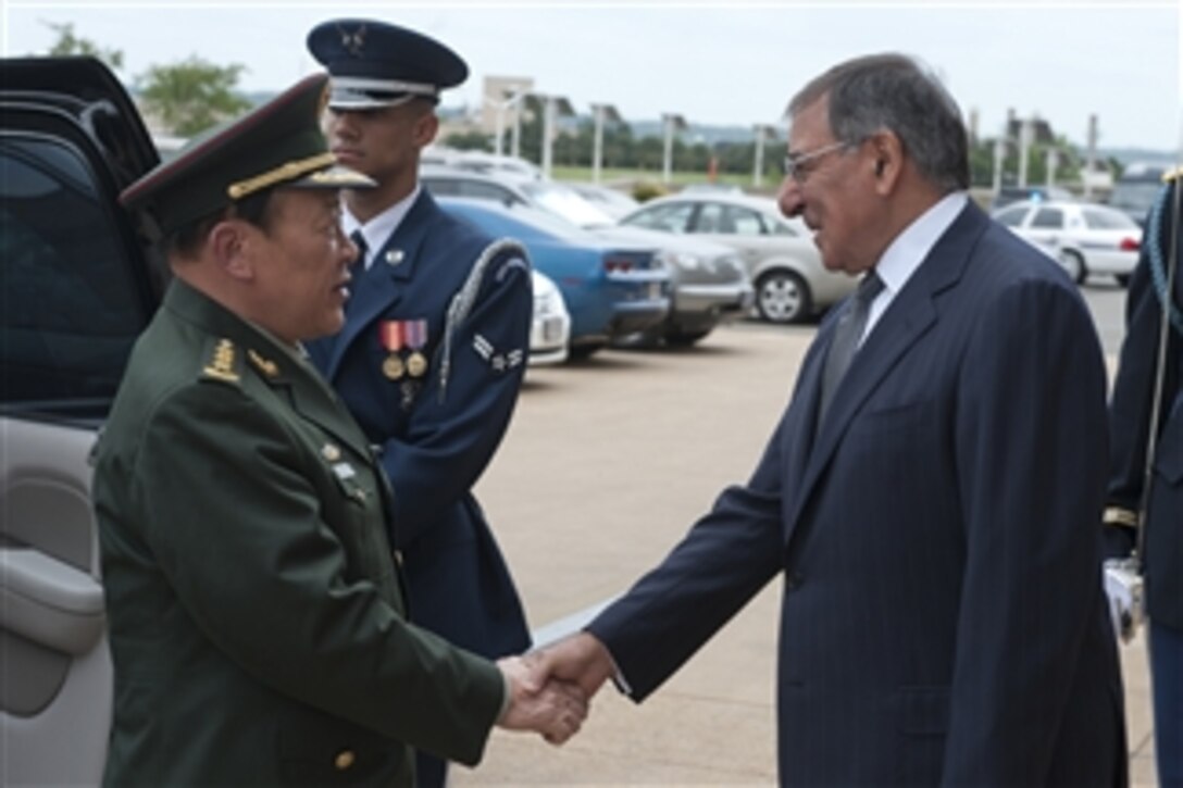 Secretary of Defense Leon E. Panetta welcomes China’s Minister of National Defense Gen. Liang Guanglie to the Pentagon on May 7, 2012. 