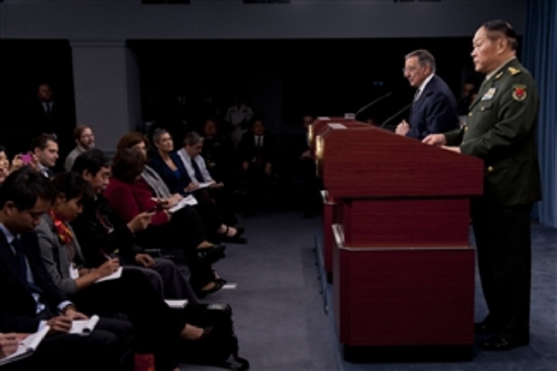 Secretary of Defense Leon E. Panetta and China’s Minister of National Defense Gen. Liang Guanglie conduct a joint press briefing in the Pentagon on May 7, 2012.  