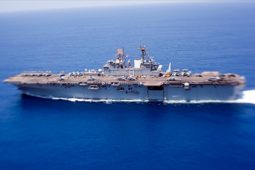 USS Makin Island, embarked with Marines and sailors serving with the 11th Marine Expeditionary Unit, sails here May 8. The unit embarked the amphibious assault ship, as well as USS New Orleans and USS Pearl Harbor in San Diego Nov. 14, beginning a seven-month deployment to the Western Pacific, Horn of Africa and Middle East regions.