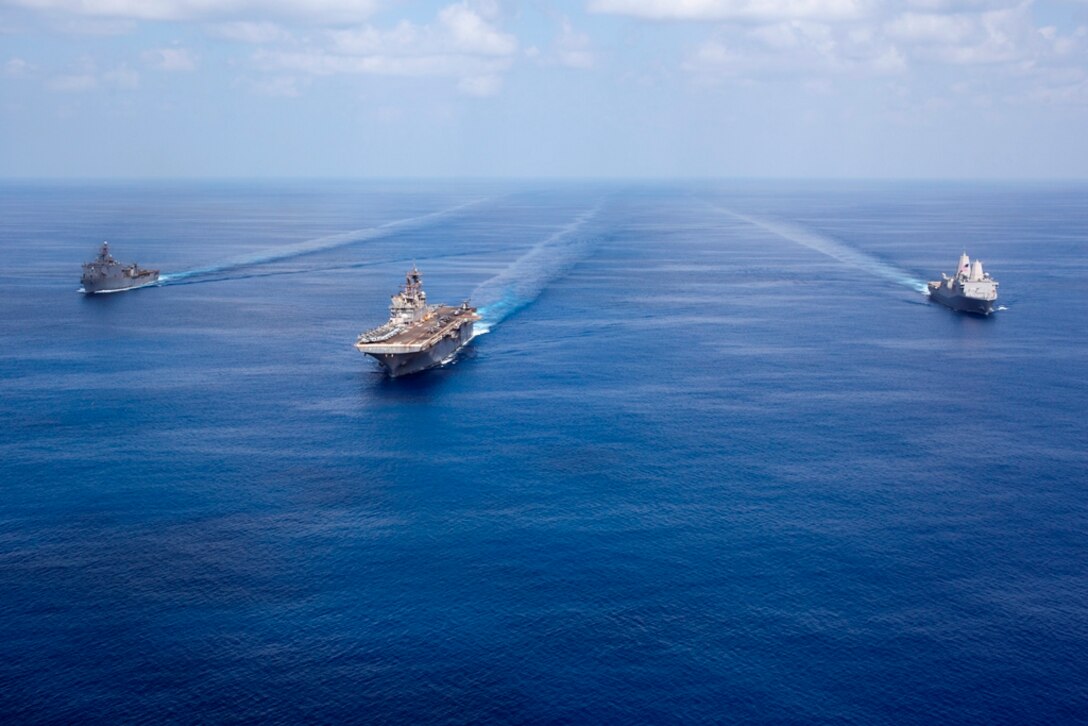 – From left, USS Pearl Harbor, USS Makin Island and USS New Orleans, each embarked with Marines and sailors serving with the 11th Marine Expeditionary Unit, sail here May 8. The unit embarked the ships in San Diego Nov. 14, beginning a seven-month deployment to the Western Pacific, Horn of Africa and Middle East regions.