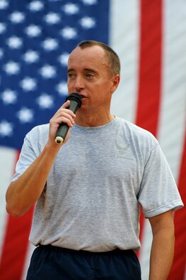 Col. Dann Carlson, Joint Base Pearl Harbor-Hickam vice commander and 647th Air Base Group commander, speaks to more than 1,000 Soldiers, Sailors, Airmen and Marines at the conclusion of the two-mile Team Hickam Warrior Run May 3, JBPH-H, Hawaii.  This event was sponsored by the 647th Civil Engineers Squadron and their Prime BEEF Airmen. Prime BEEF, is a Prime Base Engineer Emergency Force is a rapidly deployable, specialized civil engineer unit of the Air Force Prime BEEFs provide a full range of engineering support required to establish, operate, and maintain garrison and contingency airbases. The Prime BEEF motto is "If you mess with the bull, you get the horns." (U.S. Air Force photo/Staff Sgt. Mike Meares)