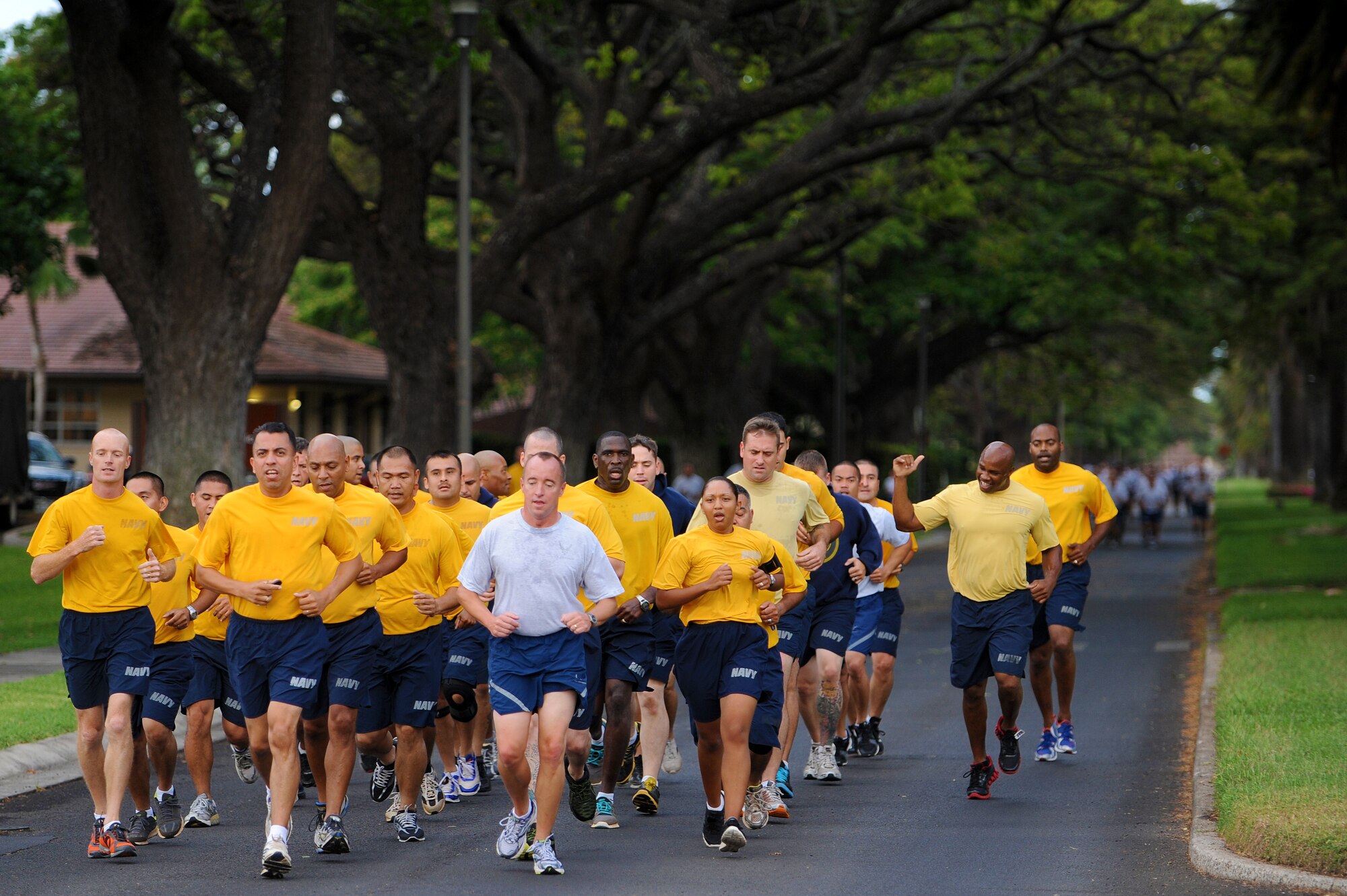 Col. Dann Carlson, Joint Base Pearl Harbor-Hickam vice commander and 647th Air Base Group commander, leads a flight of Airmen and Sailors along the two-mile Team Hickam Warrior Run May 3, JBPH-H, Hawaii.  This event was sponsored by the 647th Civil Engineers Squadron and their Prime BEEF Airmen. Prime BEEF, is a Prime Base Engineer Emergency Force is a rapidly deployable, specialized civil engineer unit of the Air Force Prime BEEFs provide a full range of engineering support required to establish, operate, and maintain garrison and contingency airbases. The Prime BEEF motto is ?If you mess with the bull, you get the horns.? (U.S. Air Force photo/Staff Sgt. Mike Meares)
