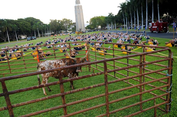 Members of the U.S. Navy and Air Force Joint Base staff do jumping jacks together during the warm up session of the monthly Team Hickam Warrior Run May 3, Joint Base Pearl Harbor-Hickam, Hawaii. This event was sponsored by the 647th Civil Engineers Squadron and their Prime BEEF Airmen. Prime BEEF, is a Prime Base Engineer Emergency Force is a rapidly deployable, specialized civil engineer unit of the Air Force Prime BEEFs provide a full range of engineering support required to establish, operate, and maintain garrison and contingency airbases. The Prime BEEF motto is "If you mess with the bull, you get the horns." (U.S. Air Force photo/Staff Sgt. Mike Meares)