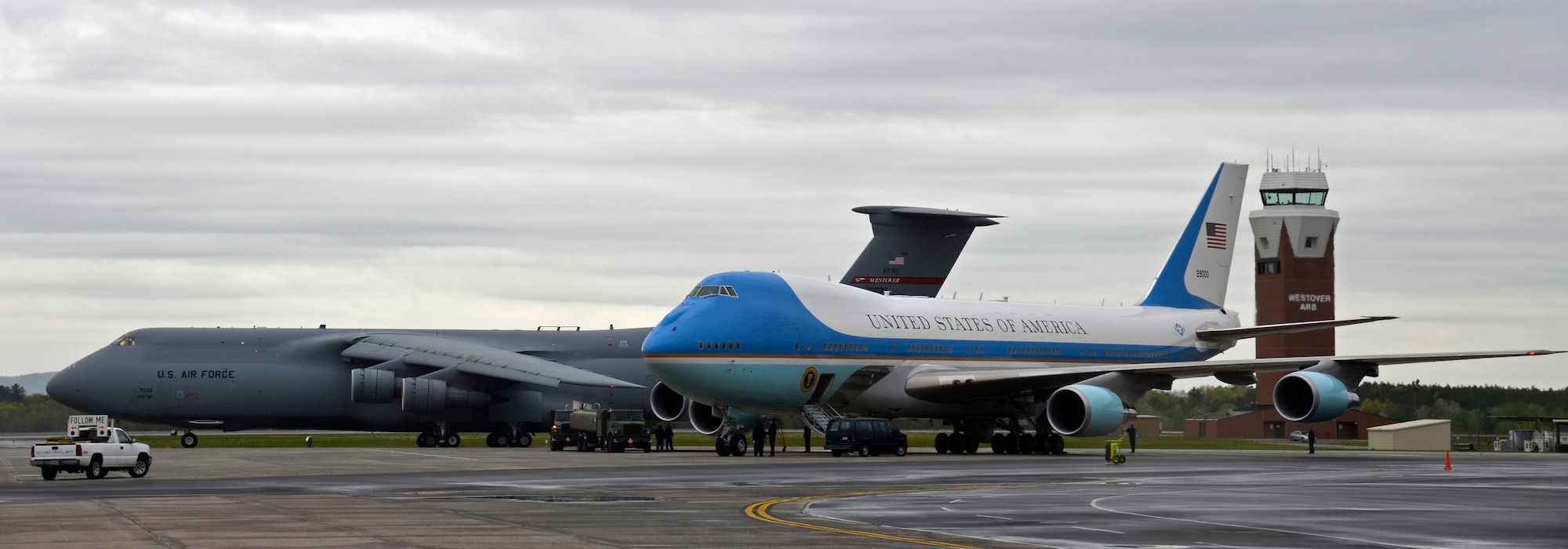 While President Barak Obama was in Albany, New York on May 8, 2012, his aircraft made a brief stop at at Westover Air Reserve Base, Chicopee, Mass. "Air Force One," as it is more commonly known, is only used to when referring to the VC-25A while the President is aboard. (U.S. Air Force photo/SrA. Kelly Galloway)