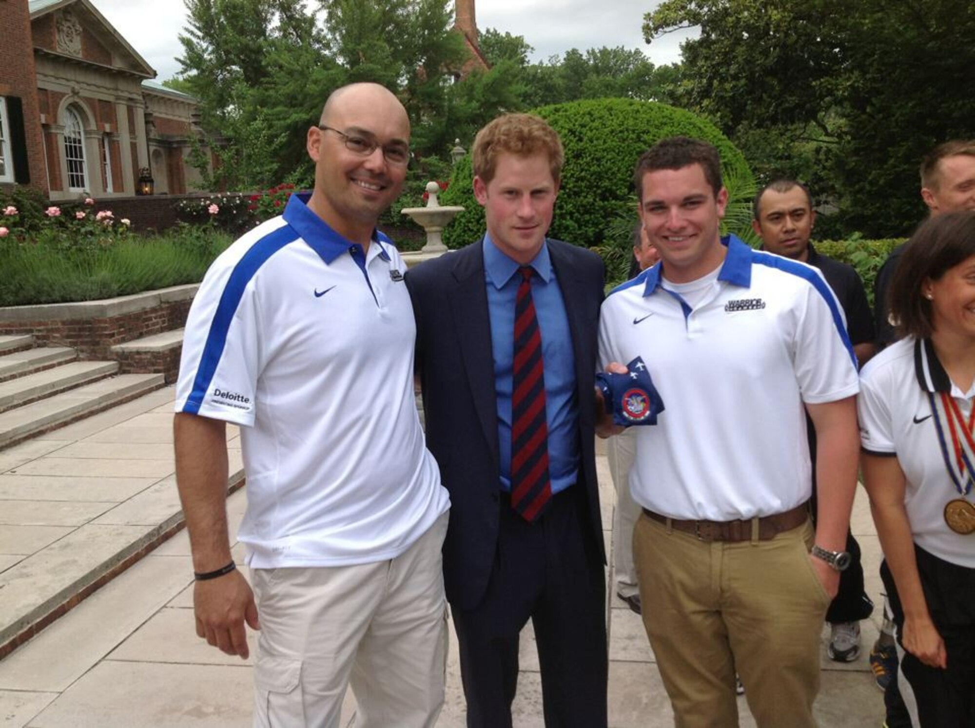 Master Sgt. Christopher Aguilera and 1st Lt. Ryan McGuire were the only two Air Force members out of five Department of Defense service members selected to meet Prince Harry of Wales in Washington, D.C., May 7. The prince visited the U.S. to meet injured service members, as well as, accept a humanitarian prize for his charity work with service members. (Courtesy photo)