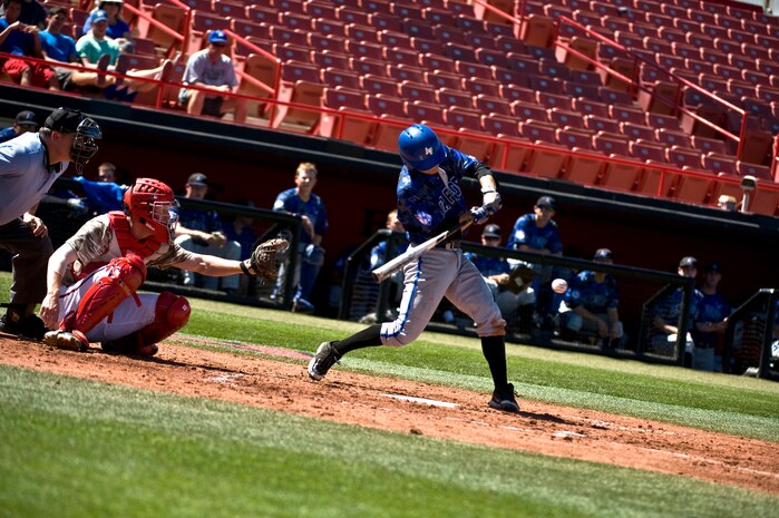 A U.S. Air Force Academy Falcons player swings at a pitch during a game against the University of Nevada, Las Vegas Rebels April 21, 2012, at Earl E. Wilson Stadium in Las Vegas, Nev. The Falcons dropped to 9-28 for the season. (U.S. Air Force photo by Airman 1st Class Daniel Hughes)