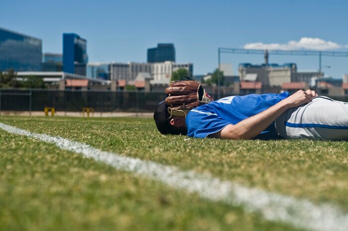 A U.S. Air Force Academy Falcons baseball player meditates before a game against the University of Nevada, Las Vegas Rebels April 20, 2012, at Earl E. Wilson Stadium in Las Vegas, Nev. Members of the Falcons baseball team meditate before games to clear their minds in order to focus on the game. (U.S. Air Force photo by Airman 1st Class Daniel Hughes)