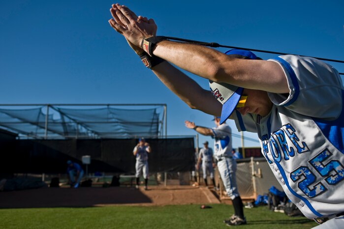 Cadet Ben Yokley, U.S. Air Force Academy Falcons pitcher, stretches before a game against the University of Nevada, Las Vegas Rebels April 20, 2012, at Earl E. Wilson Stadium in Las Vegas, Nev. Yokley hails from Arvada, Colo. (U.S. Air Force photo by Airman 1st Class Daniel Hughes)