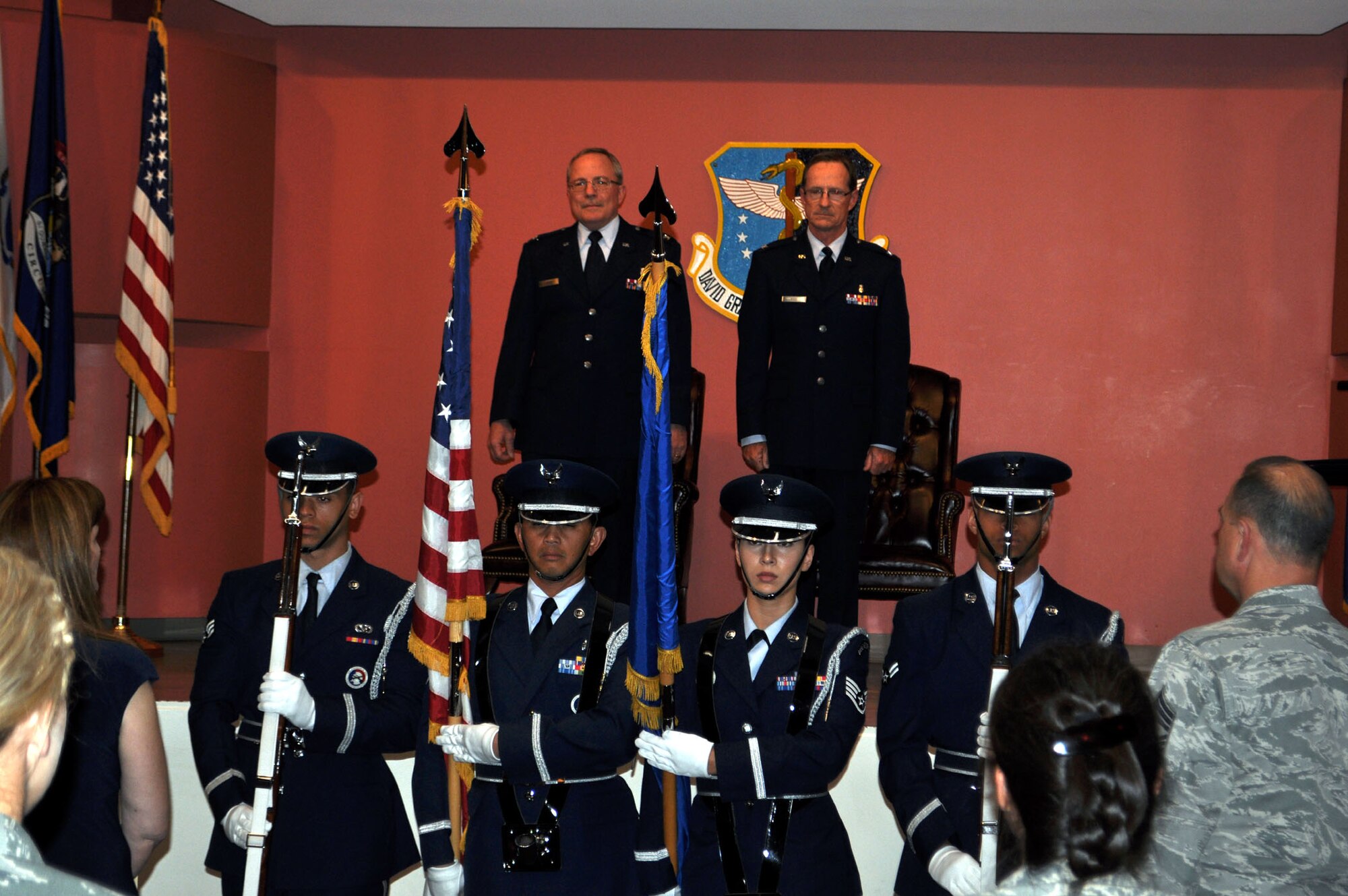 TRAVIS AIR FORCE BASE, Calif. -- Col. Jeffrey Light, 349th Aerospace Medical Squadron office in charge of self-inspection, is joined by friends, family and coworkers, during his retirement ceremony at Travis Air Force Base, Calif., on May 6, 2012. Colonel Light is retiring after 27 years as a Reservist at Travis. (U.S. Air Force photo/Tech. Sgt. Rachel Martinez)