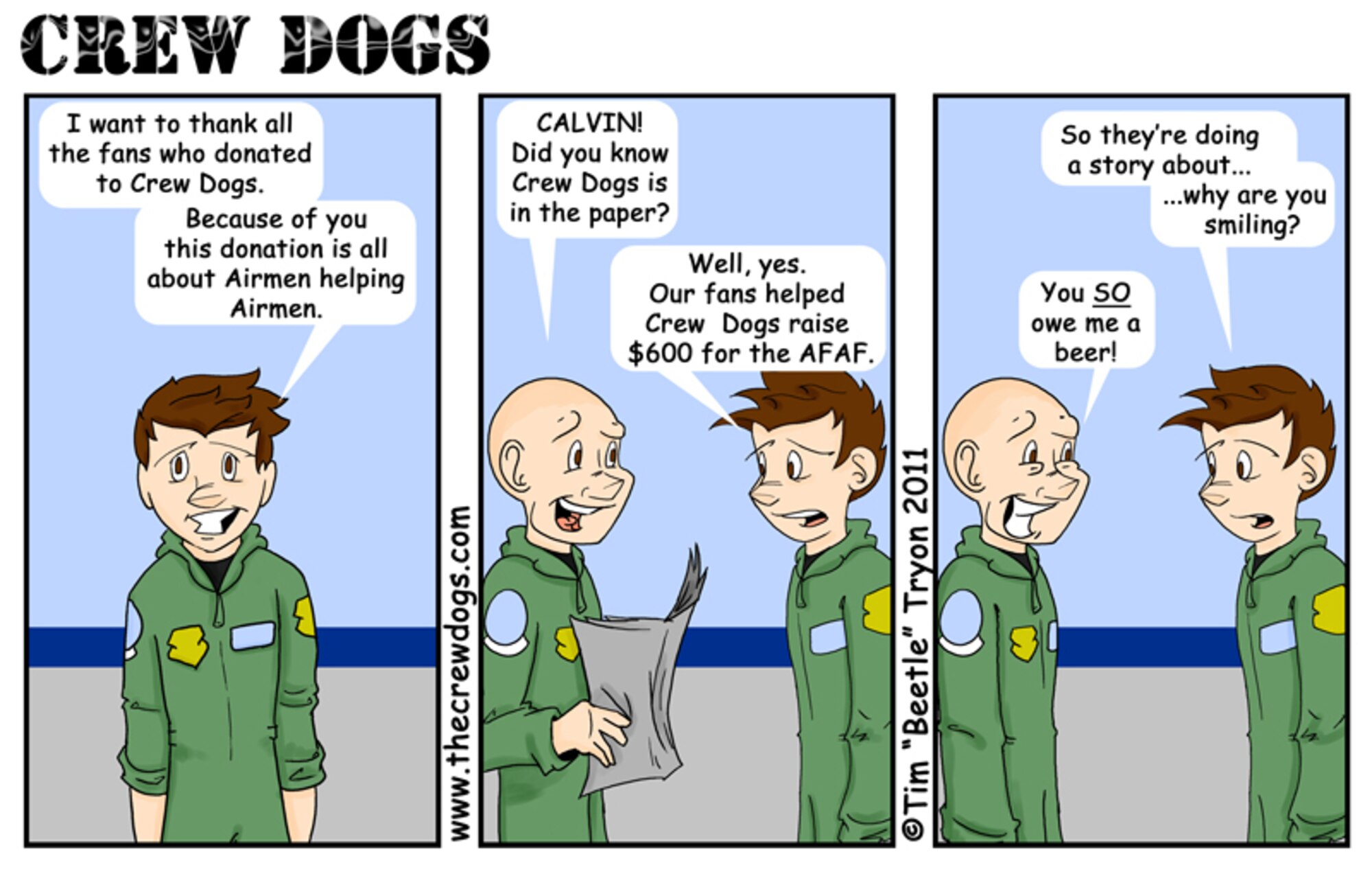A comic Capt. Timothy Tryon, 2nd Operations Support Squadron flight commander and cartoonist, created to thank supporters of his efforts to raise funds for the Air Force Assistance Fund. In total, fans donated $600 dollars during the 2012 AFAF Campaign. (Courtesy Graphic/Capt. Timothy Tryon)