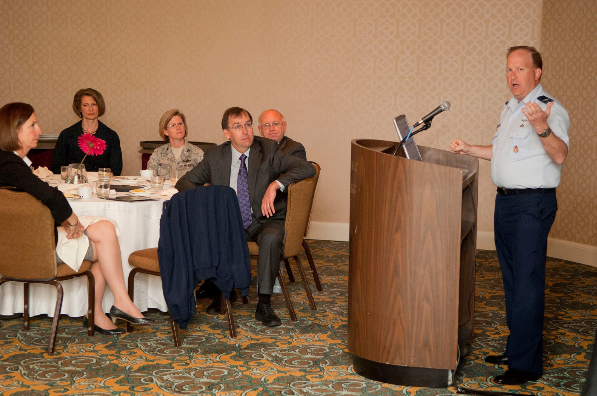 BEDFORD, Mass. - Col. Anthony Genatempo, Airborne Network Division senior materiel leader, speaks to attendees at the North Suburban Chamber of Commerce Military Affairs Council breakfast meeting May 3 at the Doubletree Bedford Glen hotel. Genatempo presented a briefing on Joint Airborne Networks, highlighting the need for connectivity among disparate systems.  (U.S. Air Force photo by Mark Wyatt)

