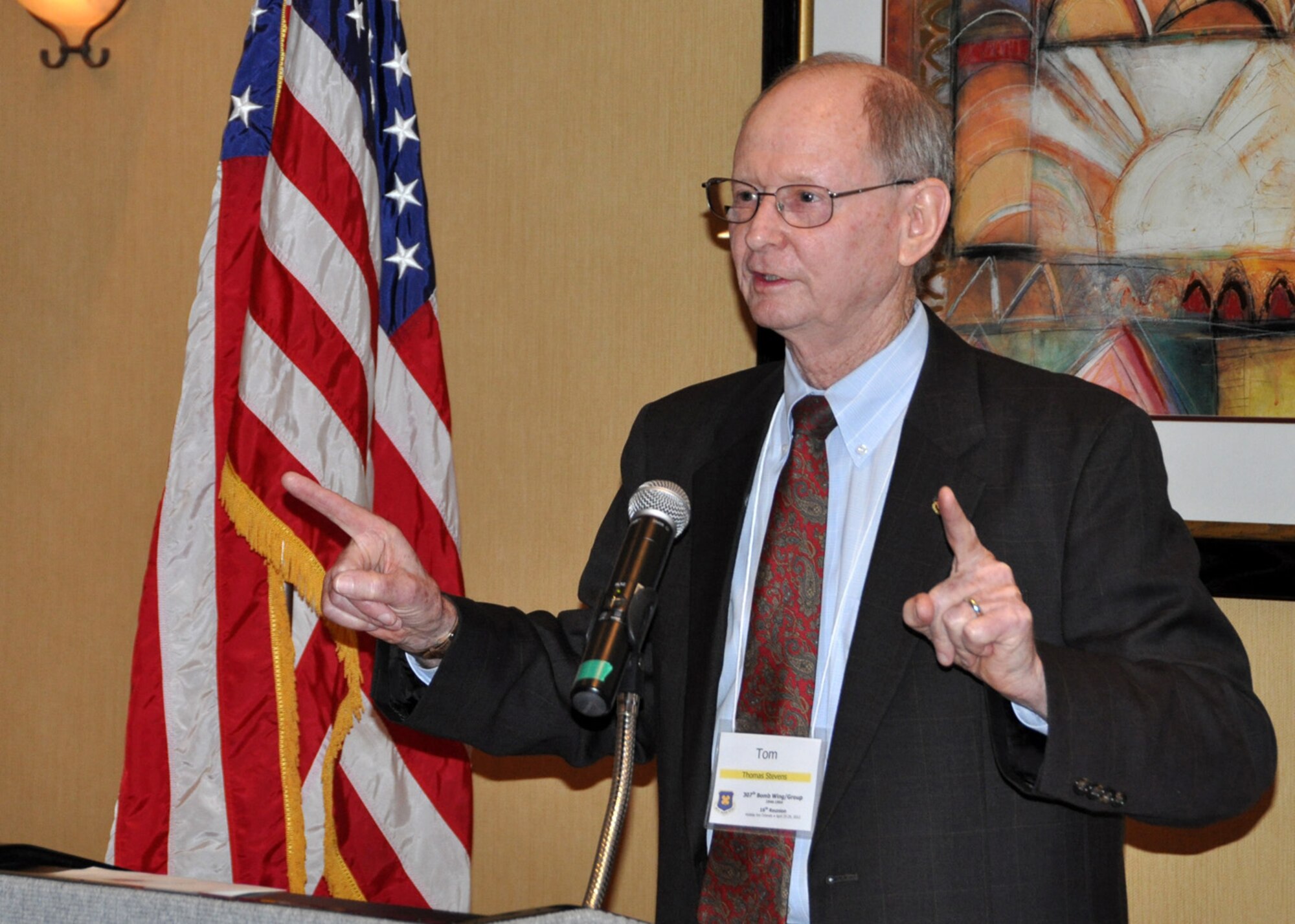 Tom Stevens, president of the 307th Bomb Wing/Group (1946-1954) Reunion, welcomes the reunion attendees during the closing banquet in Orlando, Fla., April 28, 2012.  The reunion, held for former 307th ground crew and flight crew members and their families, was attended by more than 50 people, many of whom were World War II, Korean War or Cold War veterans.  (U.S. Air Force photo/Master Sgt. Mary Hinson)
