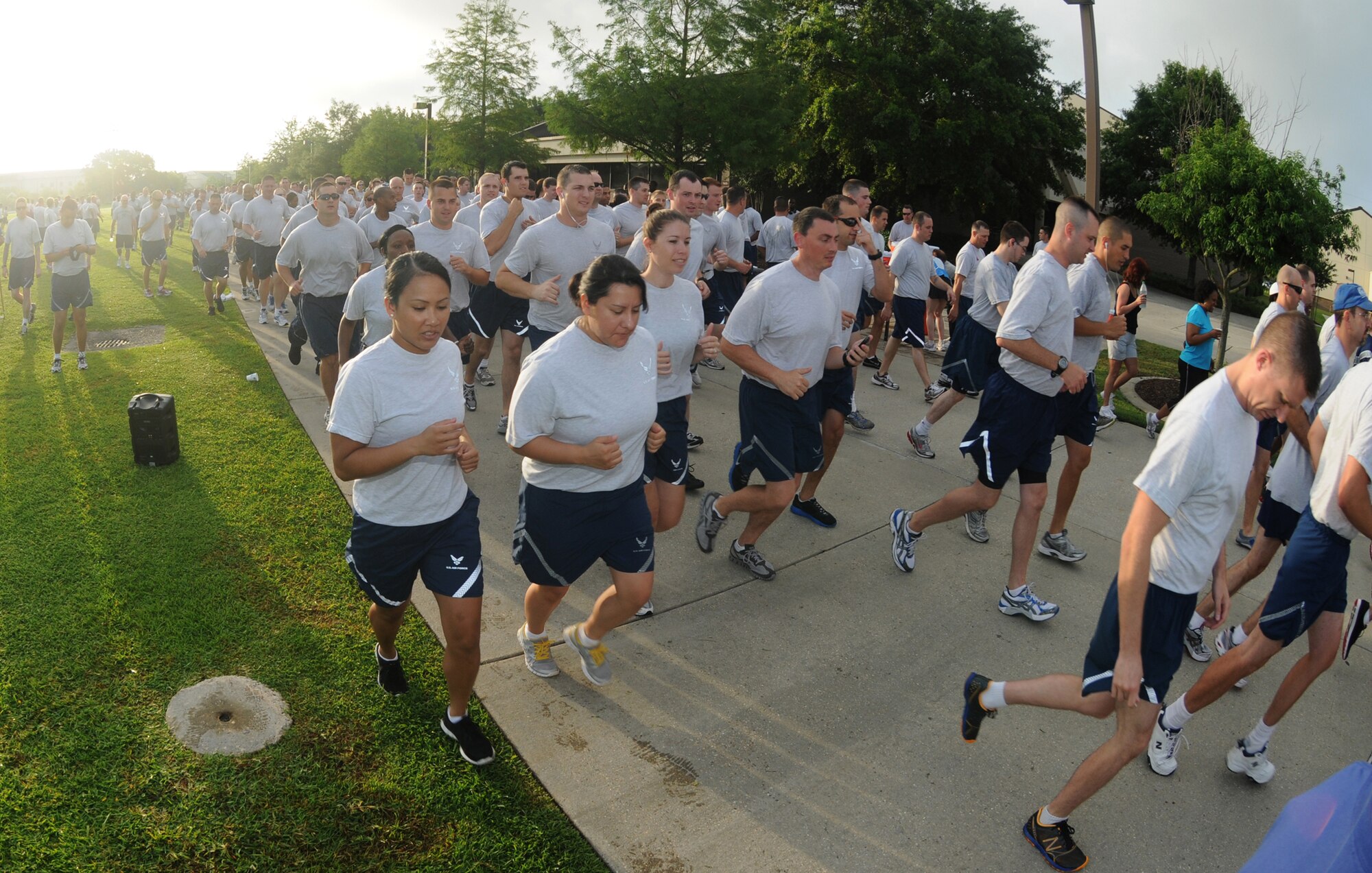 A 5K run, beginning at the Levitow Training Support Facility, kicks off Sports Day at Keesler Air Force Base, Miss., May 4, 2012. Sports Day was held in conjunction with May’s National Physical Fitness and Sports Month.  The event consisted of a variety of sports with participation from the many squadrons on base.  The winner of the small squadron division was 81st Training Support Squadron and the winner of the large squadron division was the 334th Training Squadron.  (U.S. Air Force photo by Kemberly Groue)