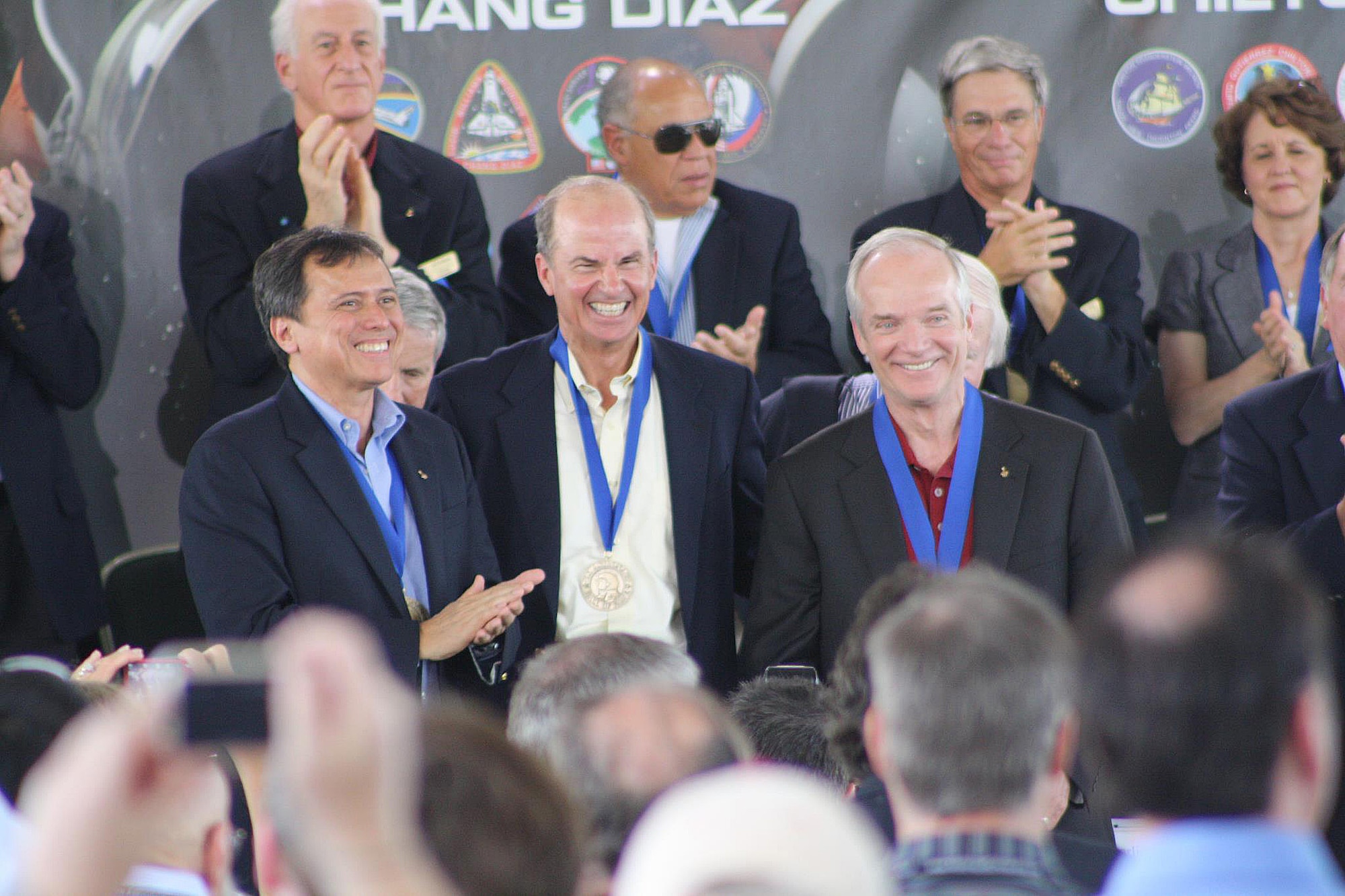 Space shuttle astronauts Franklin Chang Díaz, retired Gen. Kevin Chillton and Charlie Precourt celebrate their induction into the Astronaut Hall of Fame at the Kennedy Space Center, Fla., May 5, 2012. More than 30 Hall of Fame astronauts and hundreds of guests gathered to witness the annual induction ceremony. Chilton is a 1976 graduate of the Air Force Academy. His wife, Brig. Gen. Cathy Chilton, is the mobilization assistant to the Academy superintendent. (NASA photo)