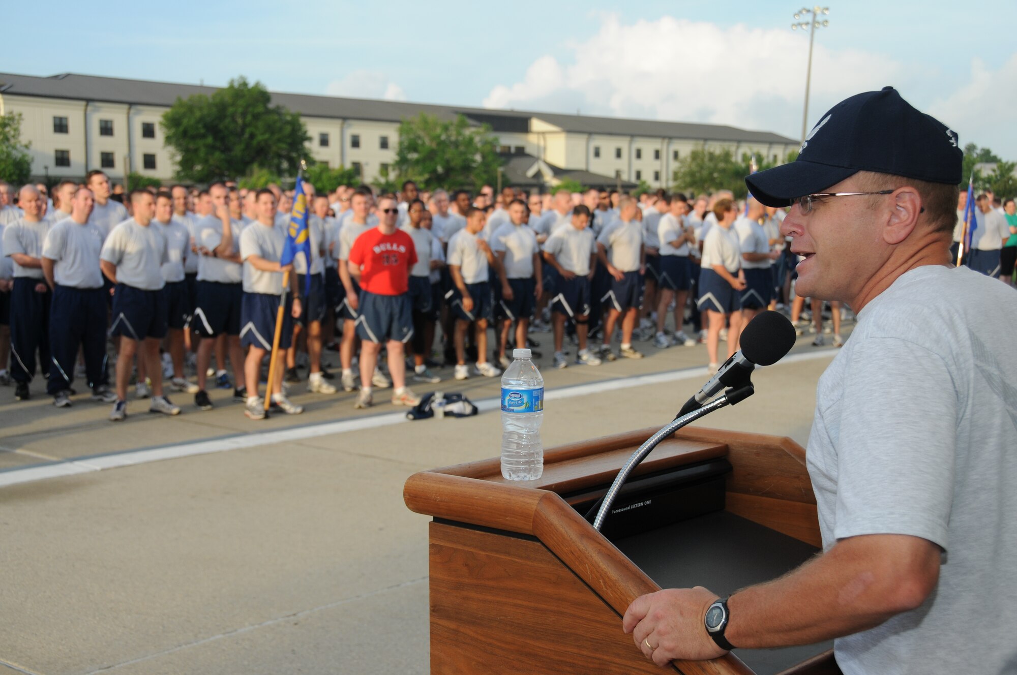 Brig. Gen. Andrew Mueller, 81st Training Wing commander, welcomes participants to the opening of Sports Day, prior to the 5K run, on the drill pad behind the Levitow Support Facility May 4, 2012, at Keesler Air Force Base, Miss.  Sports Day was held in conjunction with May’s National Physical Fitness and Sports Month.  The event consisted of a variety of sports with participation from the many squadrons on base.  The winner of the small squadron division was 81st Training Support Squadron and the winner of the large squadron division was the 334th Training Squadron.  (U.S. Air Force photo by Kemberly Groue)