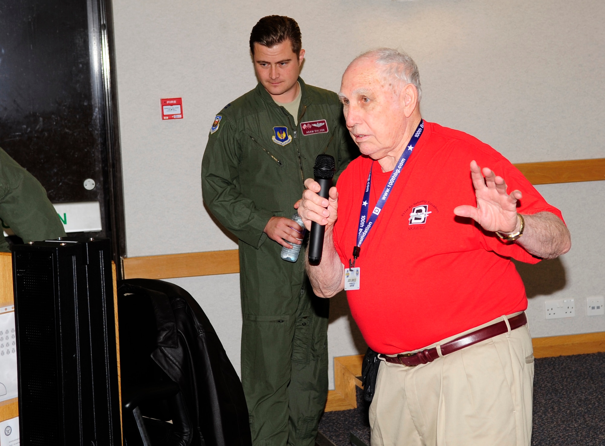RAF MILDENHALL, England – Joe Urice, a World War II and 100th Bomb Group veteran, talks to members of the 100th Air Refueling Wing May 8, 2012, in the Rosenthal Auditorium (previously known as the 100th OG auditorium). Urice was here with other 100th BG veterans and family members, when they visited RAF Mildenhall and Thorpe Abbots, near Diss, Norfolk, as part of a reunion tour. (U.S. Air Force photo/Senior Airman Ethan Morgan)