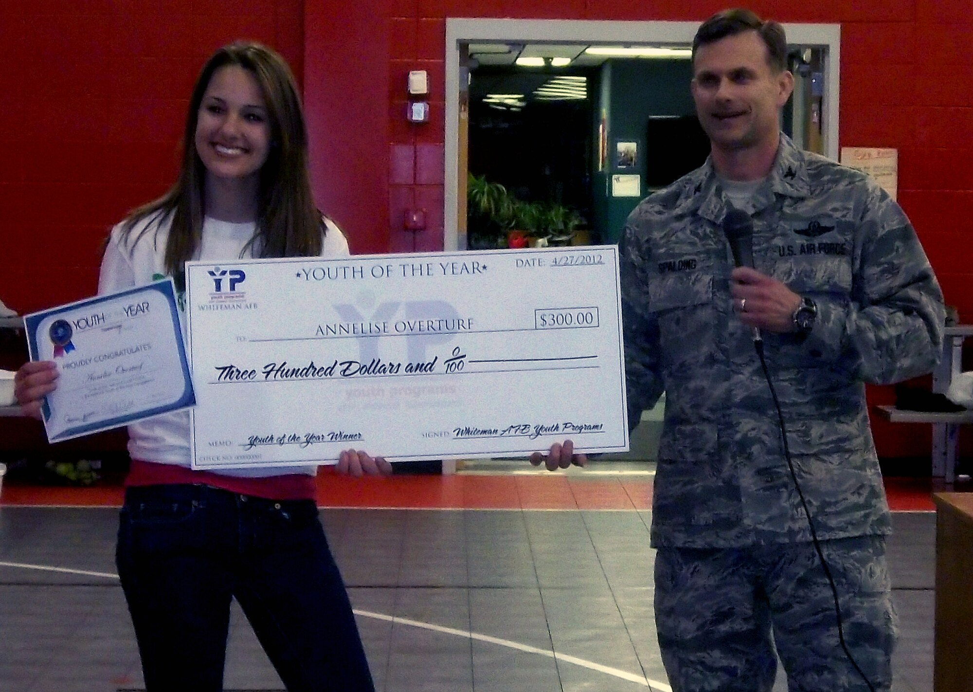 Annelise Overturf, daughter of 442nd Fighter Wing Commander Brig. Gen. Eric S. Overturf, recently won the Whiteman Youth of the Year award for 2011. The 442nd FW is an A-10 Thunderbolt II reserve unit at Whiteman AFB, Mo. 

