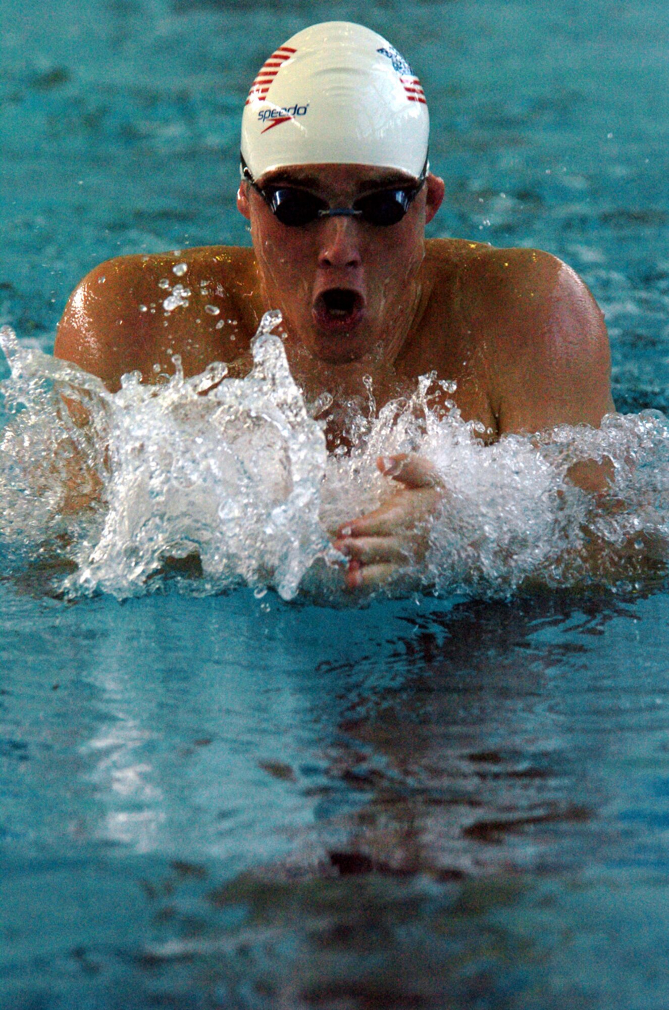 AEDC Capt. John Dayton, pictured here in a past swimming event, took home first place in the 100-meter breaststroke at the Headquarters Allied Air Command Ramstein Swimming Championships held April 19 in Zakopane, Poland. Dayton also swam with the Air Force’s freestyle relay team and served as team coach and captain. (Photo provided)