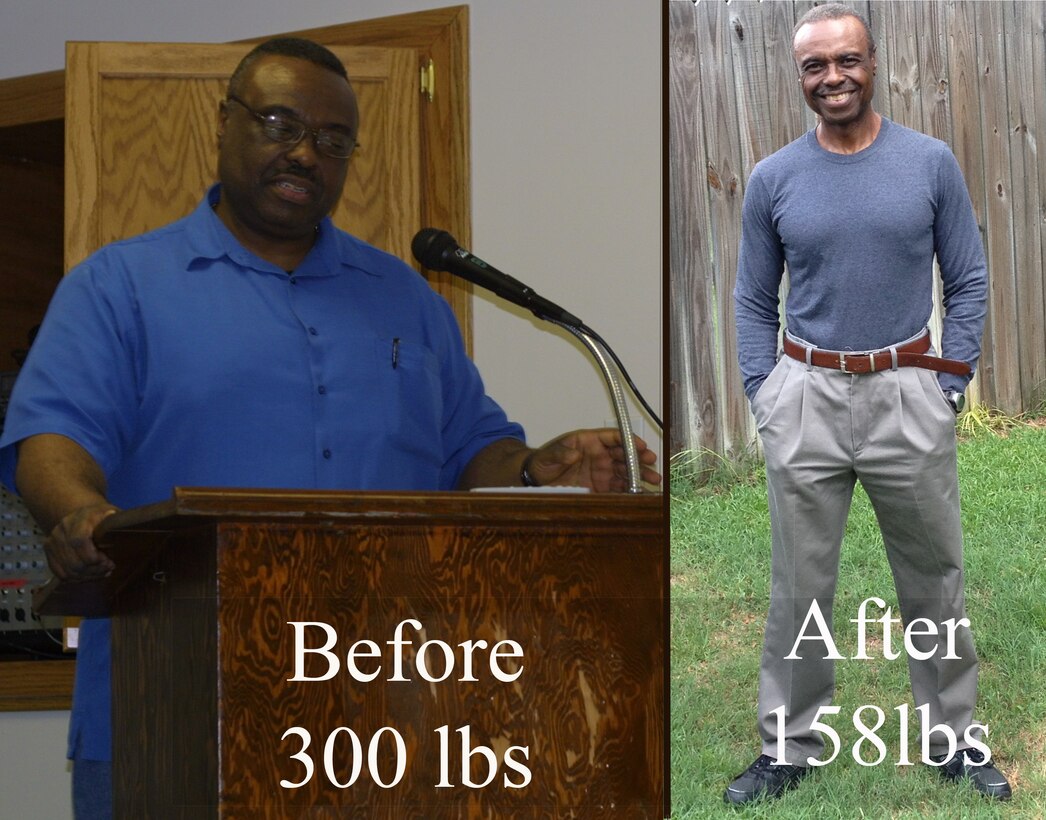 A before and after picture shows the extreme weight loss of William Fowler, 23d Civil Engineer Squadron environmental compliance supervisor. Fowler lost almost 150lbs with a new outlook on exercise and a healthier diet. (courtesy photo)