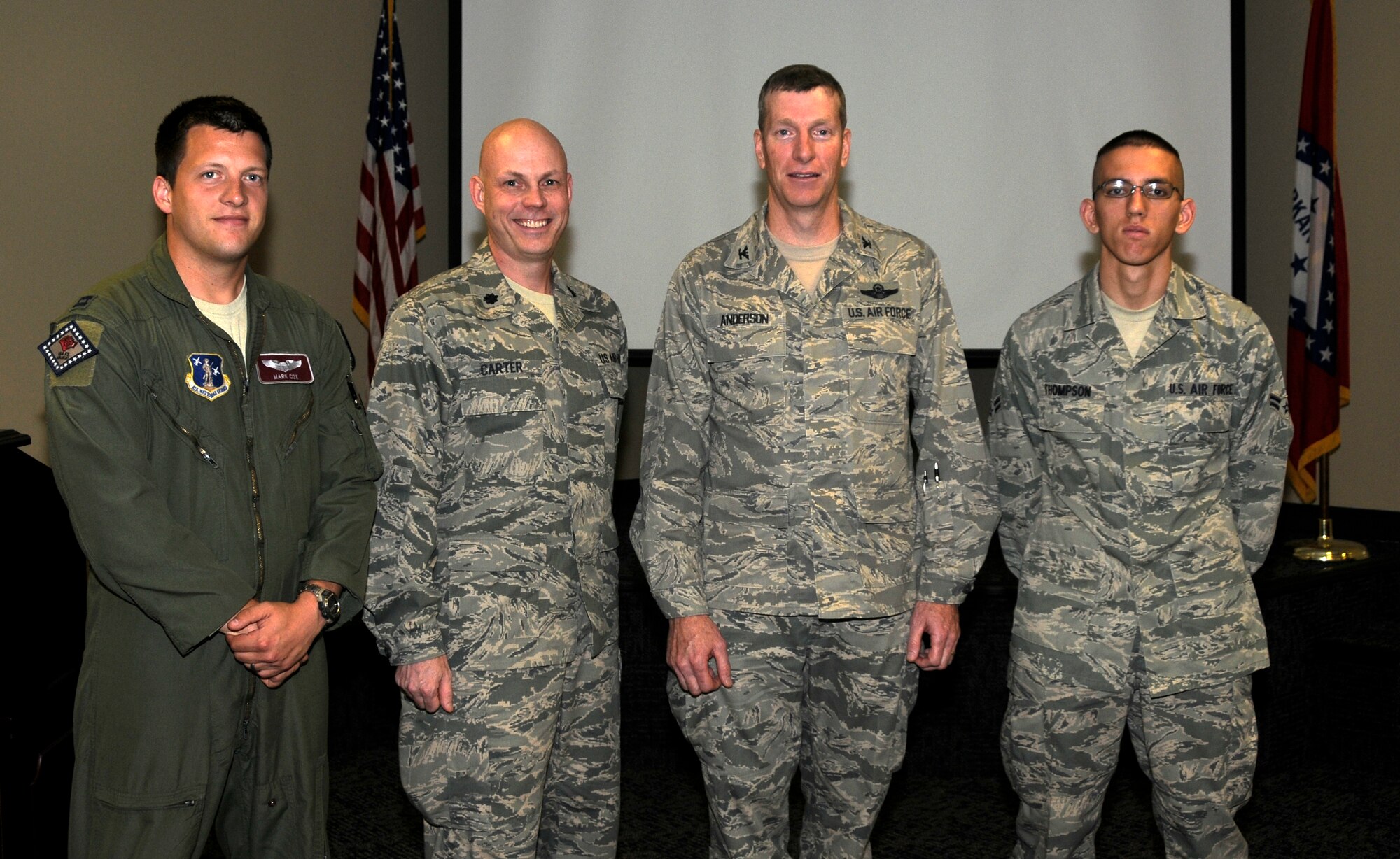 From left: Capt. Mark Cox, 188th Operations Group; Lt. Col. Brian Carter, 188th Fighter Wing Staff; Col. Mark Anderson, 188th Fighter Wing commander; Airman 1st Class Adam Thompson, 188th Maintenance Group. Not pictured: Staff Sgt. Rachel Ponder, 188th Communications Flight; 2nd Lt. Laura Delgado, 188th Medical Group; and Senior Master Sgt. Richard Barr, 188th Maintenance Group. The six Airmen were recognized by Anderson as the 188th’s fittest members as measured by the Air Force Physical Fitness Test. The Airmen were honored at a commander’s call held May 5 during a unit training assembly at Ebbing Air National Guard Base. (National Guard photo by Airman 1st Class Hannah Landeros/188th Fighter Wing Public Affairs)