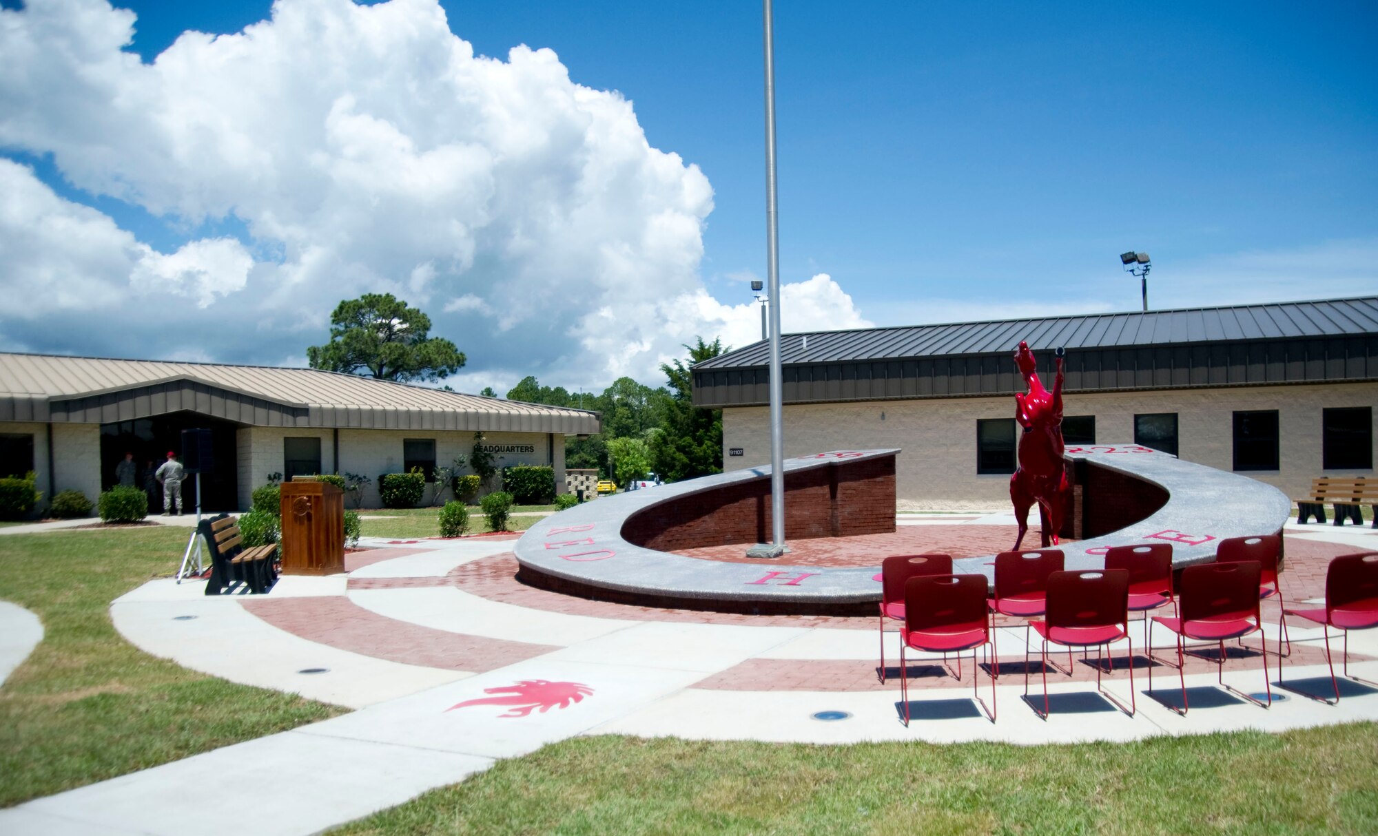The RED HORSE Unity Park is prepared for its dedication ceremony at the 823rd RED HORSE Compound on Hurlburt Field, Fla., May 5, 2012. Those who have fallen while serving within either the 556th or 823rd RED HORSE Unit are memorialized with a personal plaque on the horseshoe.(U.S. Air Force Photo by Airman 1st Class Naomi M. Griego/RELEASED)