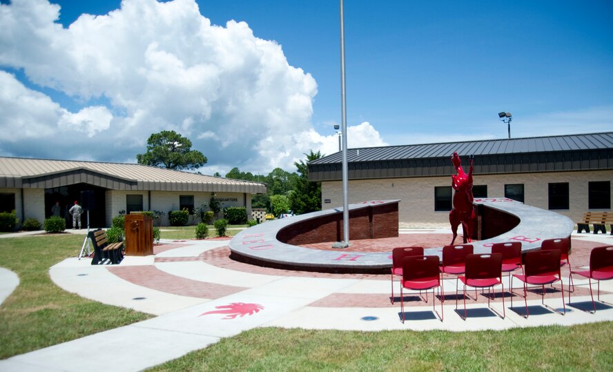 The RED HORSE Unity Park is prepared for its dedication ceremony at the 823rd RED HORSE Compound on Hurlburt Field, Fla., May 5, 2012. Those who have fallen while serving within either the 556th or 823rd RED HORSE Unit are memorialized with a personal plaque on the horseshoe.(U.S. Air Force Photo by Airman 1st Class Naomi M. Griego/RELEASED)
