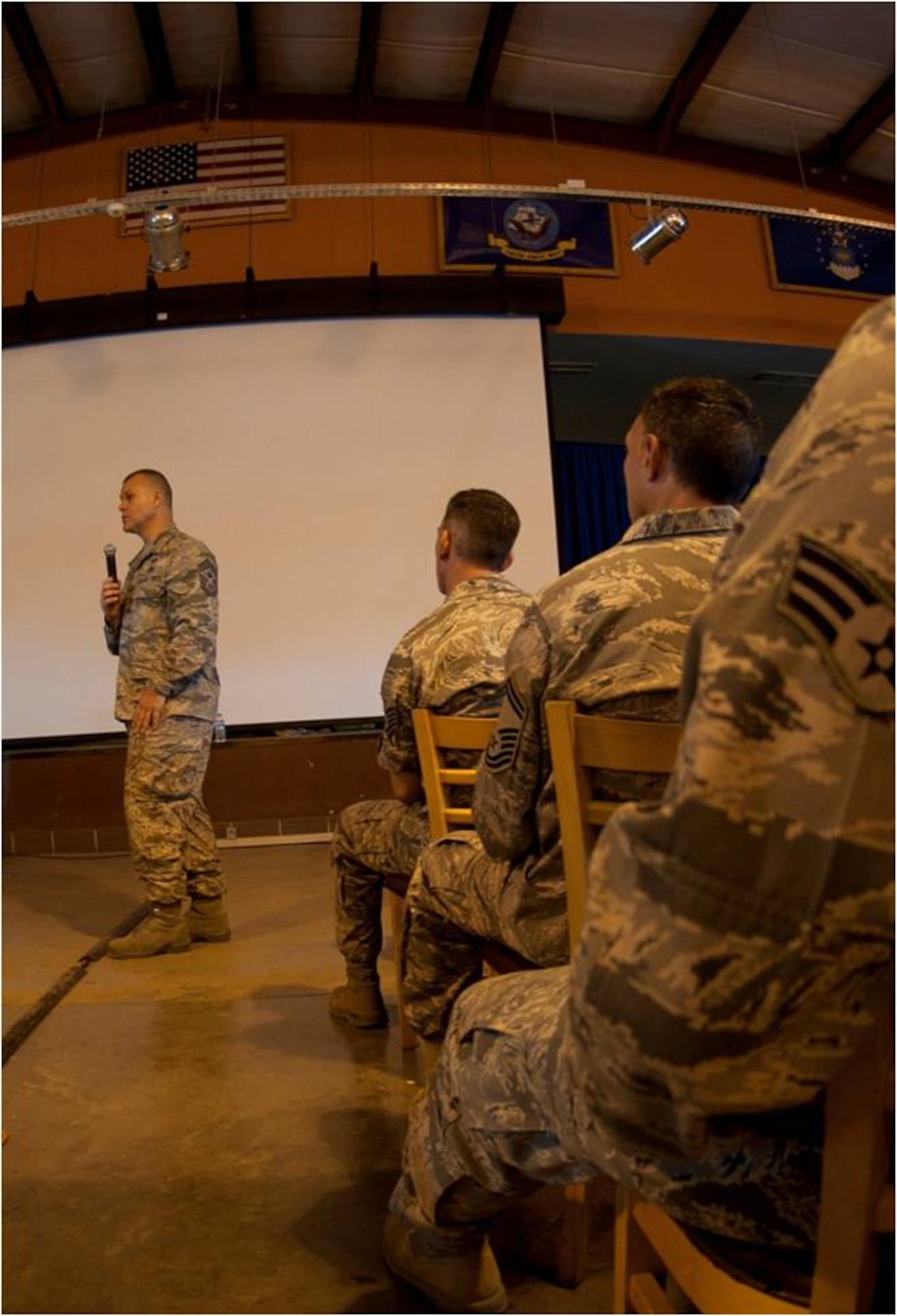 Chief Master Sgt. of the Air Force James A. Roy speaks to Airmen deployed to Camp Lemonnier, Combined Joint Task Force – Horn of Africa and other tenant commands during an Air Force all-call at the camp’s Morale, Welfare and Recreation facility here, May 6. Roy interacted with the Airmen to address their concerns and share information regarding the Air Force directly from a senior enlisted leadership perspective. (U.S. Air Force photo by Senior Airman Lael Huss)