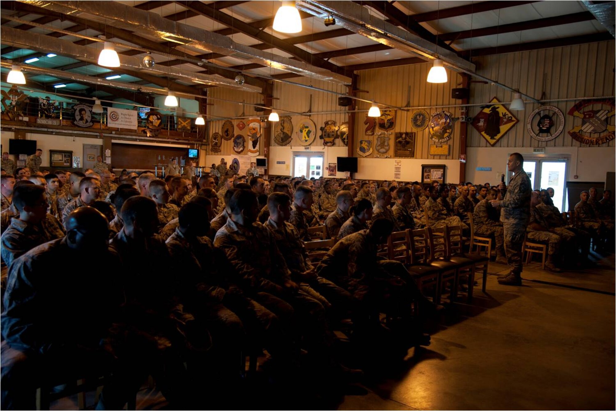 Chief Master Sgt. of the Air Force James A. Roy speaks to Airmen deployed to Camp Lemonnier, Combined Joint Task Force -- Horn of Africa and other tenant commands during an Air Force all-call at Camp Lemonnier’s Morale, Welfare and Recreation facility here, May 6. Roy interacted with the Airmen to address their concerns and share information regarding the Air Force directly from a senior enlisted leadership perspective. (U.S. Air Force photo by Senior Airman Lael Huss)